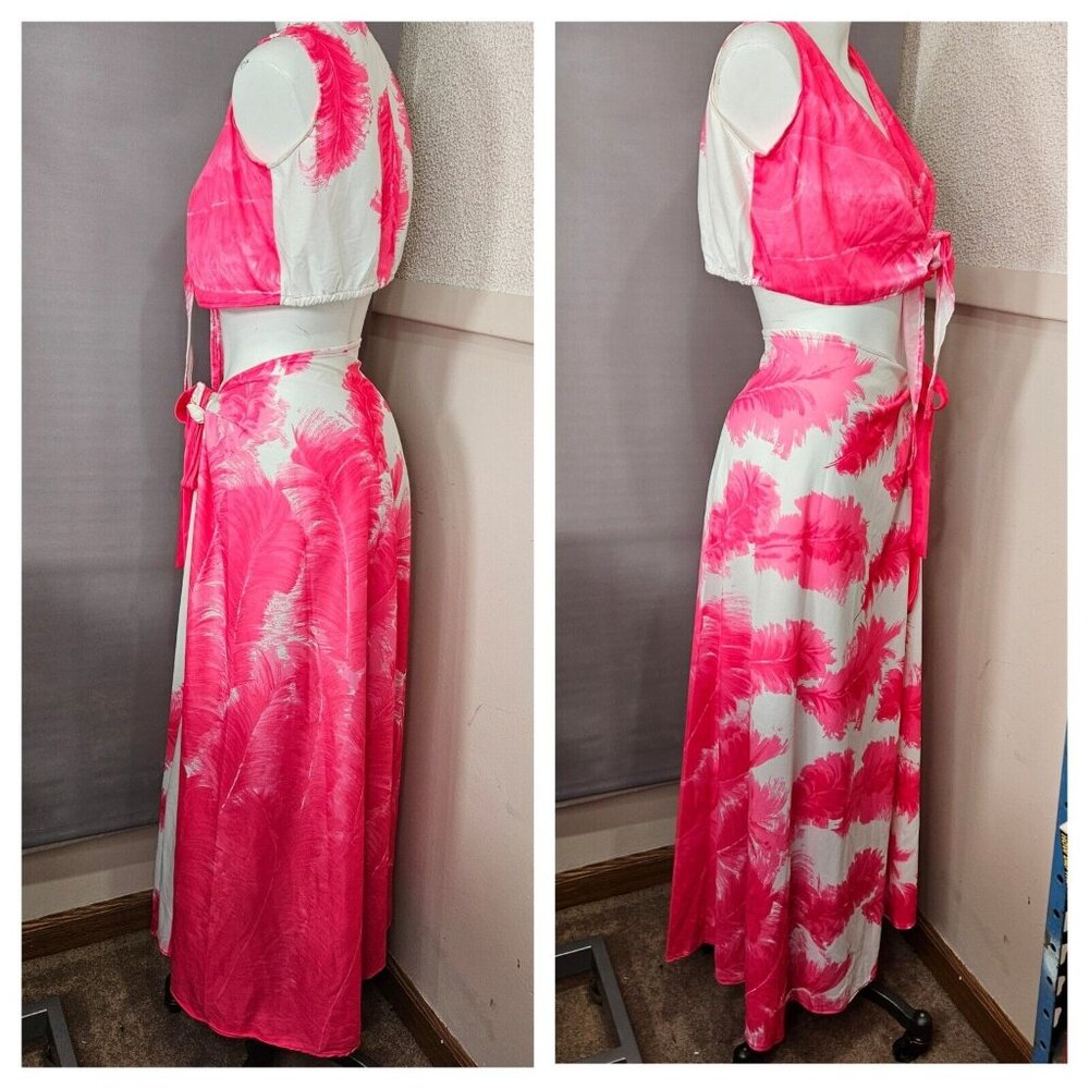 Beach Swim Cover Up Tie Crop Top Sarong Skirt 2 pc M L XL Pink White Floral - Picture 3 of 9